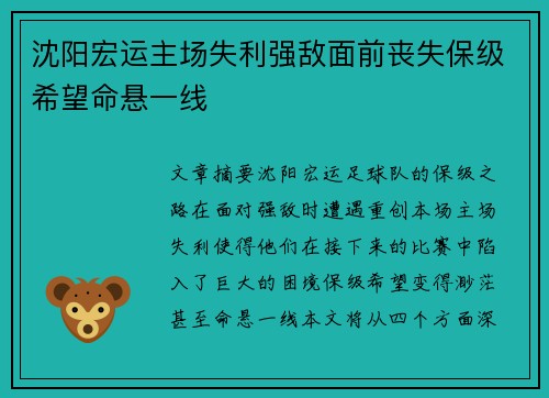 沈阳宏运主场失利强敌面前丧失保级希望命悬一线