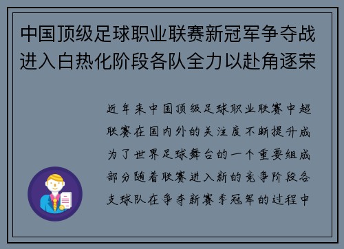 中国顶级足球职业联赛新冠军争夺战进入白热化阶段各队全力以赴角逐荣誉