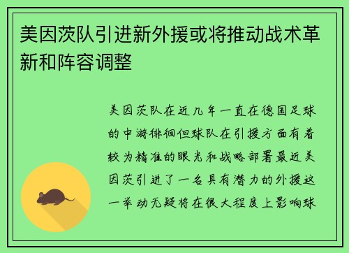 美因茨队引进新外援或将推动战术革新和阵容调整